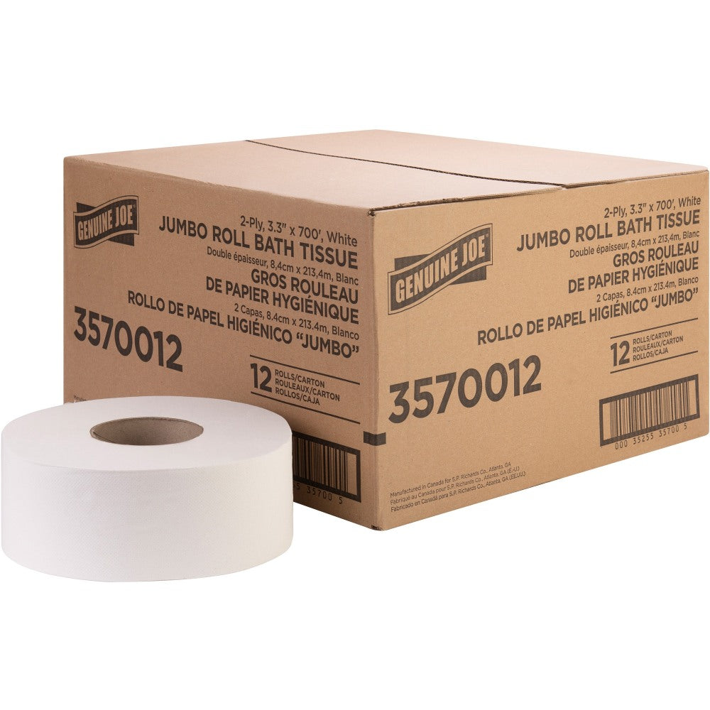 Genuine Joe Jumbo Jr Dispenser Bath Tissue Roll - 2 Ply - 3.30in x 700 ft - 8.88in Roll Diameter - White - Fiber - 12 / Carton