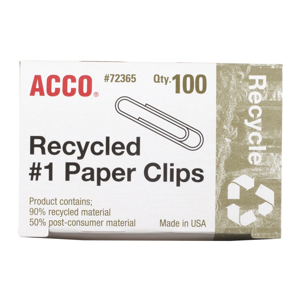 ACCO Paper Clips, Box Of 100, No. 1, 90% Recycled, Silver