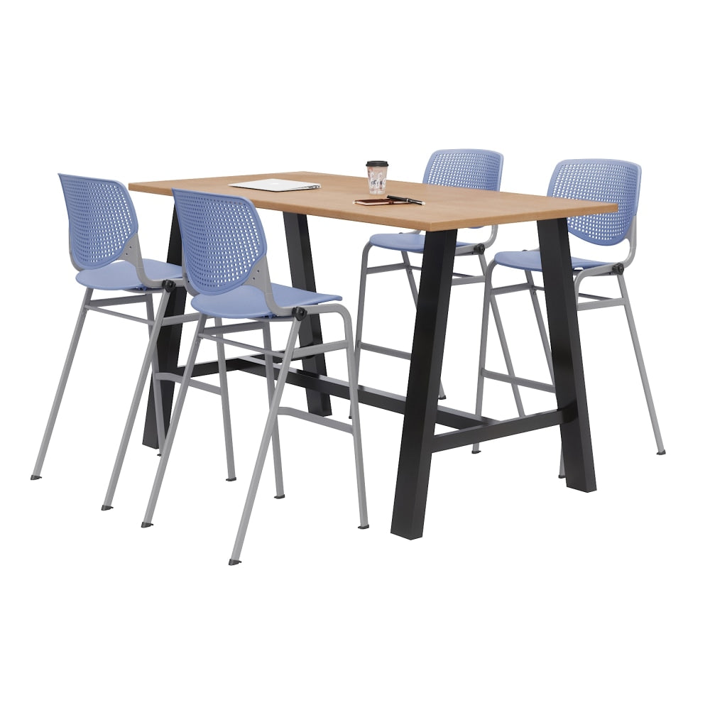 KFI Studios Midtown Bistro Table With 4 Stacking Chairs, 41inH x 36inW x 72inD, Kensington Maple/Peri Blue