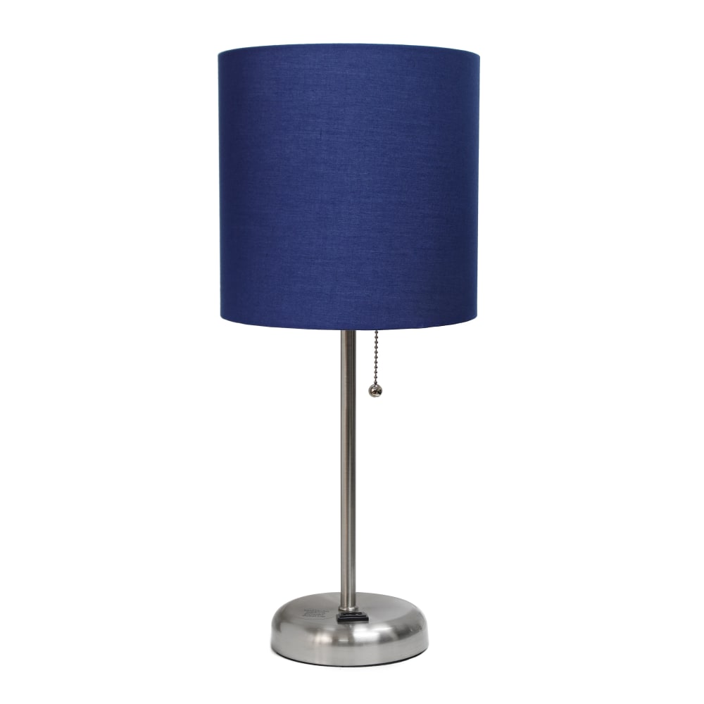 LimeLights Stick Lamp with Charging Outlet, 19-1/2inH, Navy Shade/Brushed Steel Base