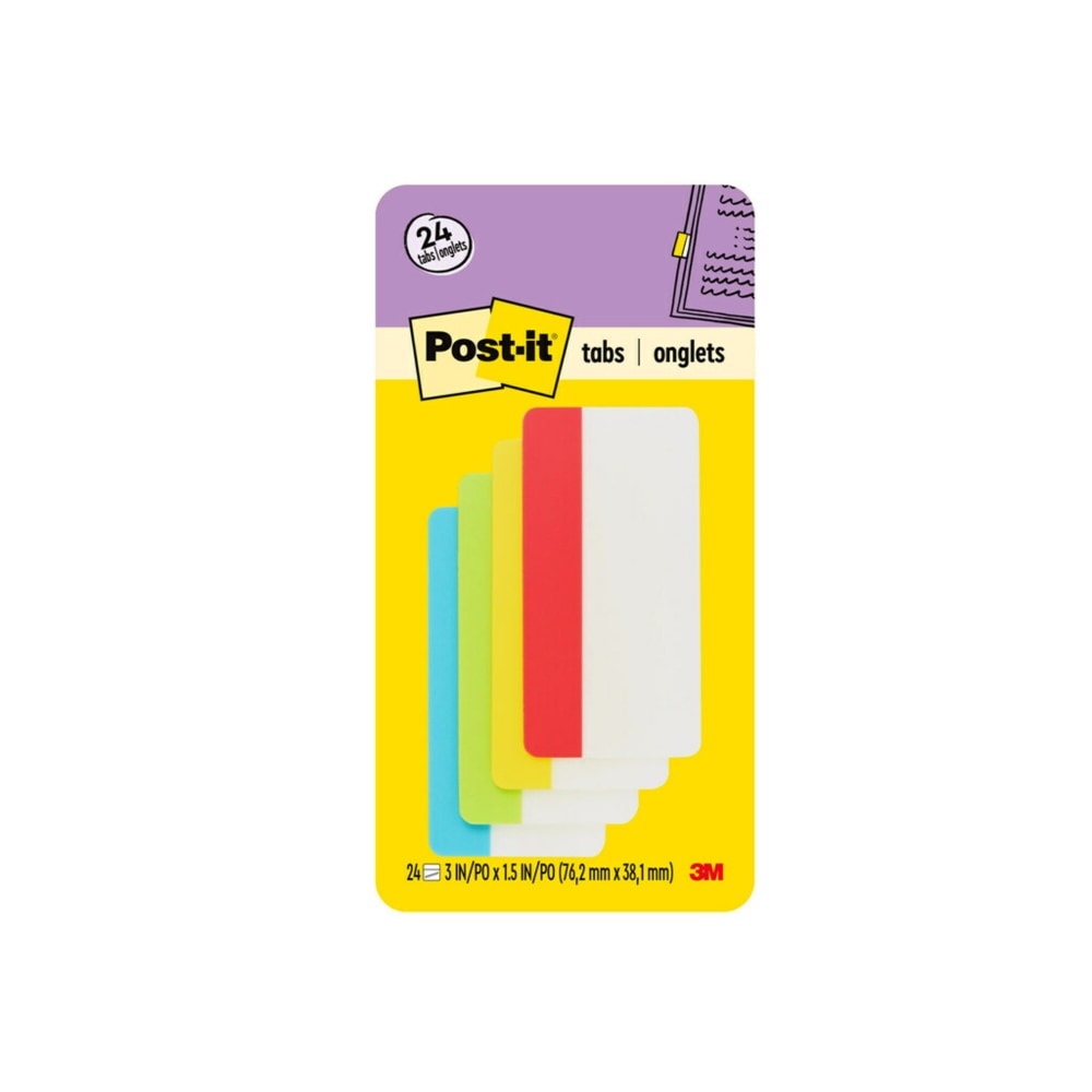 Post-it Notes Durable Filing Tabs, 3in x 1-1/2in, Assorted Colors, 6 Flags Per Pad, Pack Of 4 Pads
