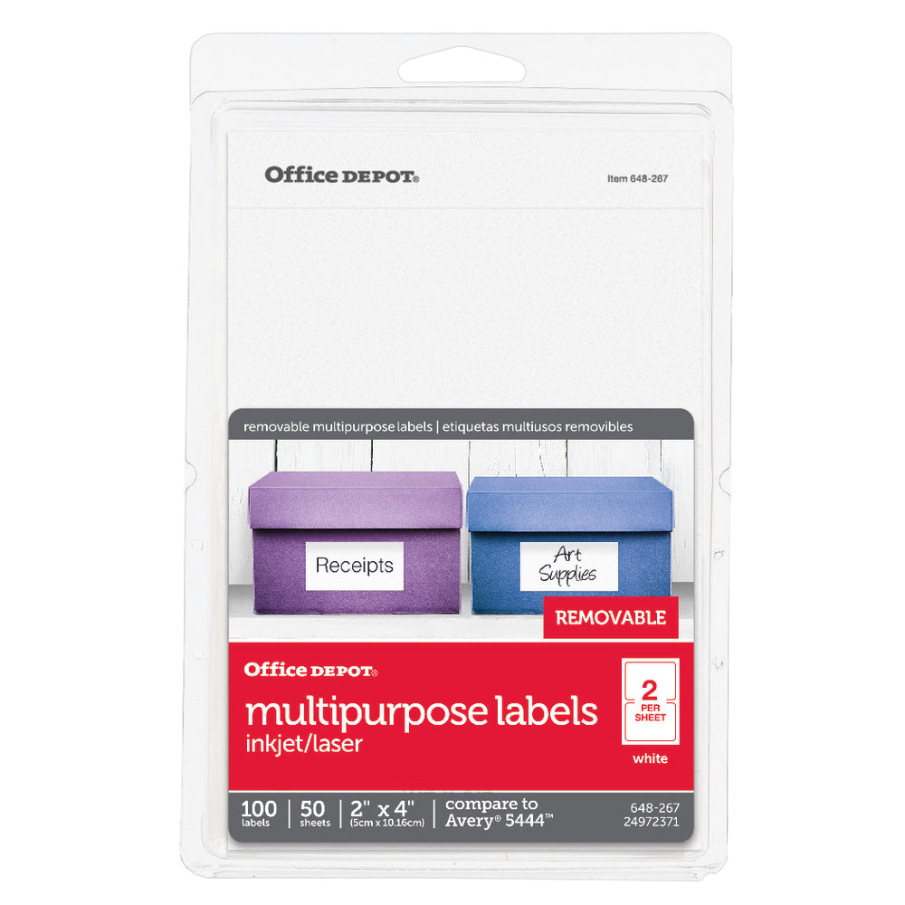 Office Depot Brand Removable Inkjet/Laser Labels, OD98813, Rectangle, 4in x 2in, White, Pack Of 100