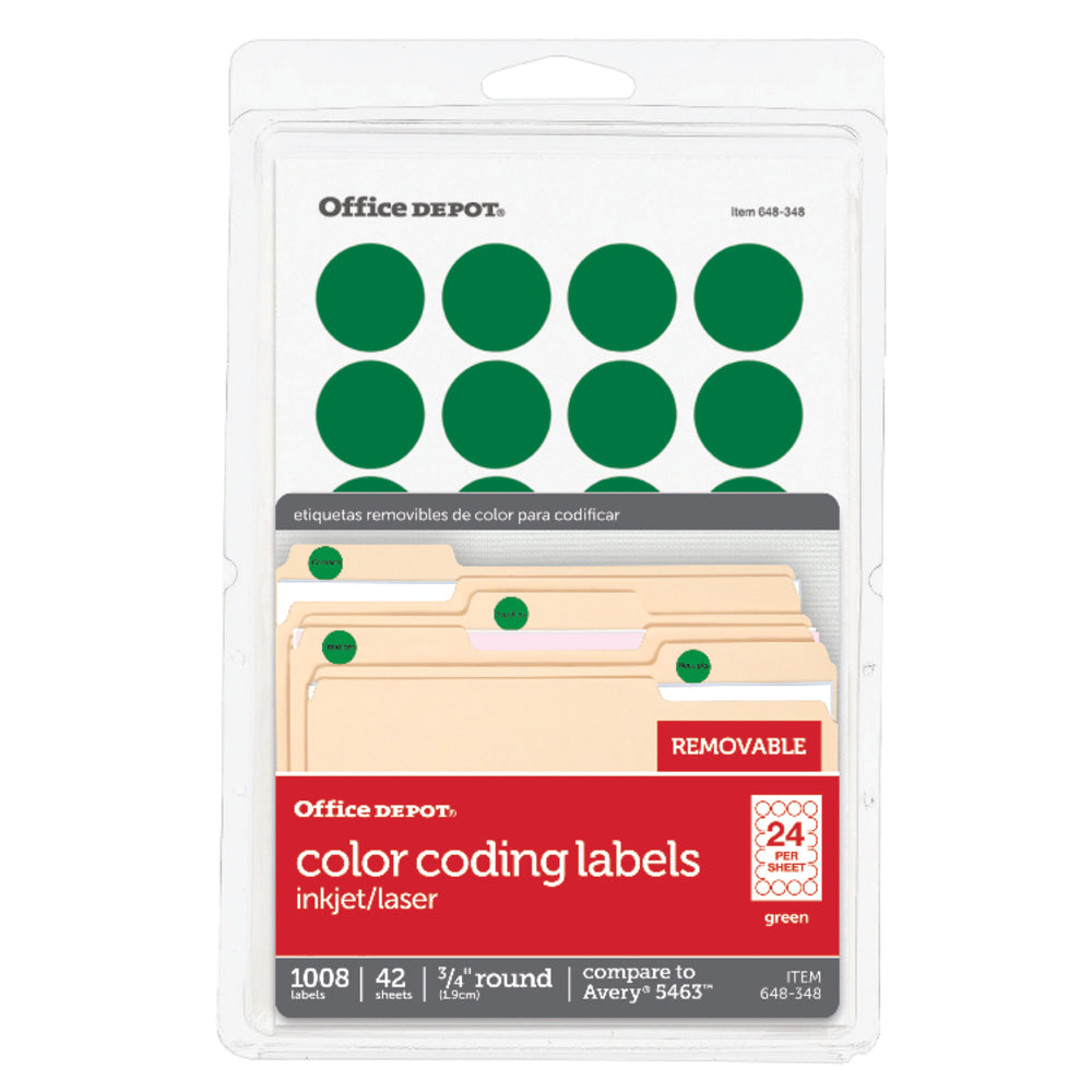 Office Depot Brand Removable Round Color-Coding Labels, 3585401836, 3/4in Diameter, Green, Pack Of 1,008