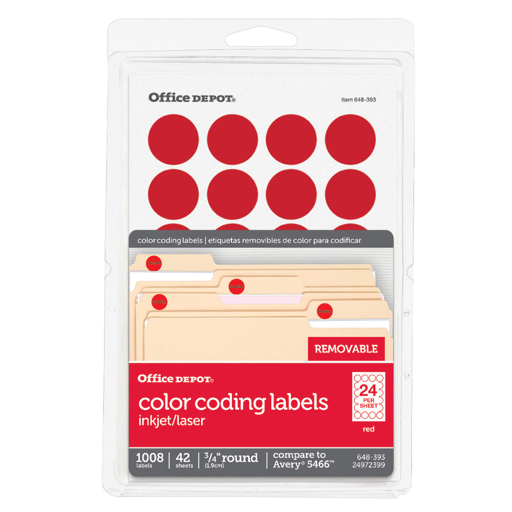 Office Depot Brand Removable Round Color-Coding Labels, OD98786, 3/4in Diameter, Red, Pack Of 1,008