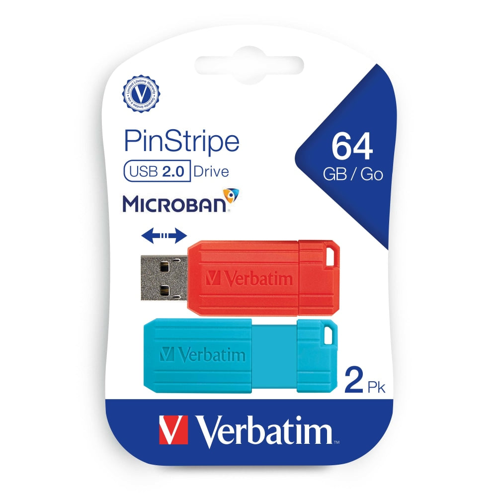Verbatim PinStripe USB 2.0 Flash Drives, 64GB, Blue/Red, 2 Pack