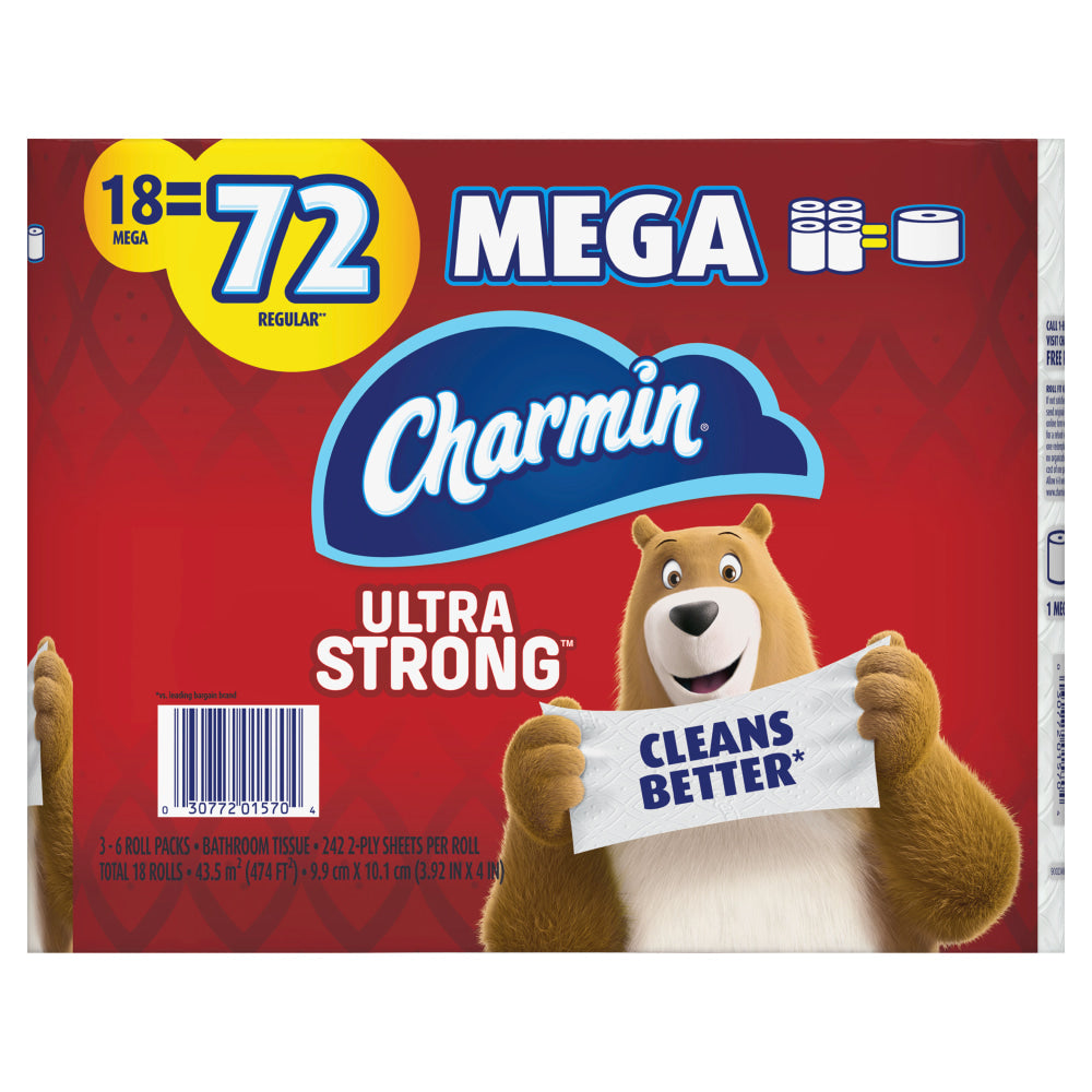 Charmin Ultra Strong 2-Ply Mega Toilet Paper Rolls, 4-1/2in x 4in, White, 242 Sheets Per Roll, Pack Of 18 Rolls