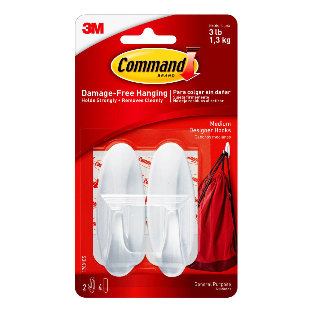 3M Command General Purpose Removable Plastic Hooks, Medium, Pack Of 2 Hooks