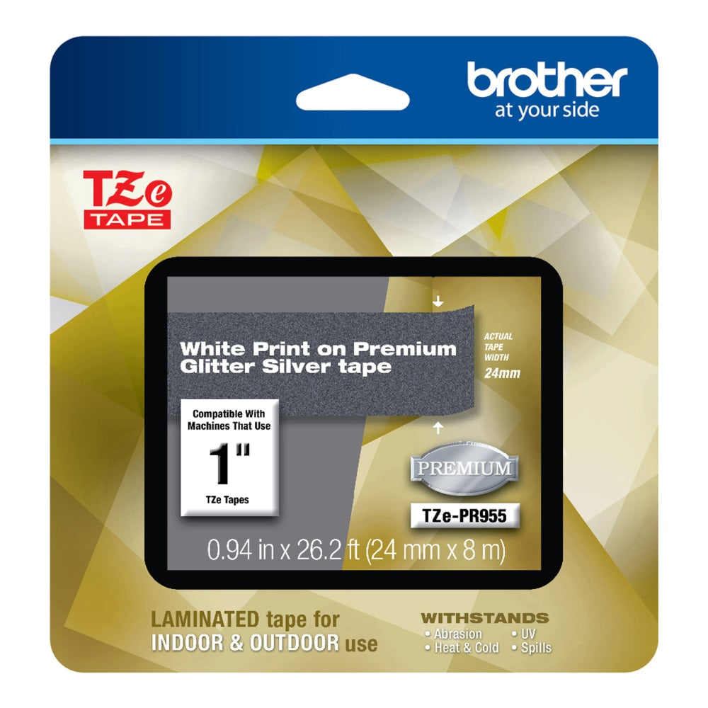 Brother TZe Premium Glitter Laminated Tape, 15/16in x 26-3/16ft, White Ink/Silver Tape