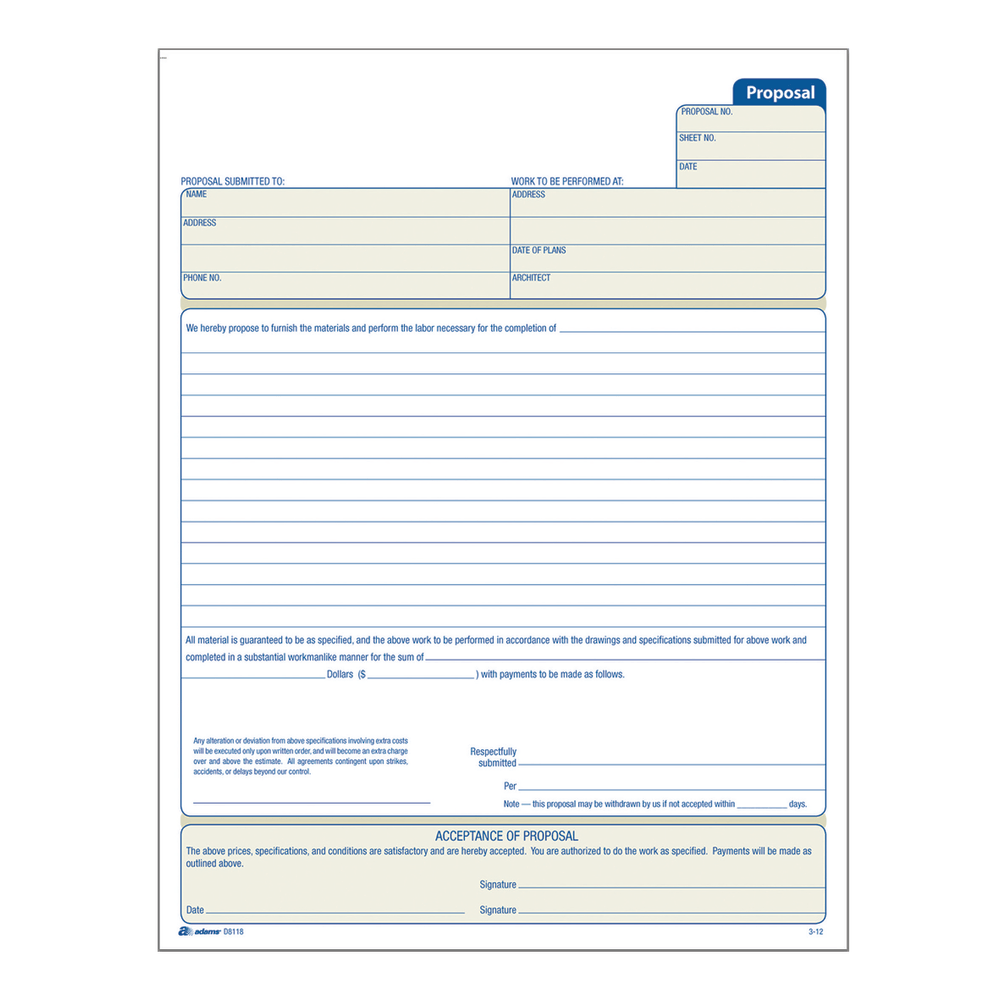 Adams Proposal Book, 8 3/8in x 11in, 1 Part With Carbons, White, 50 Sheets
