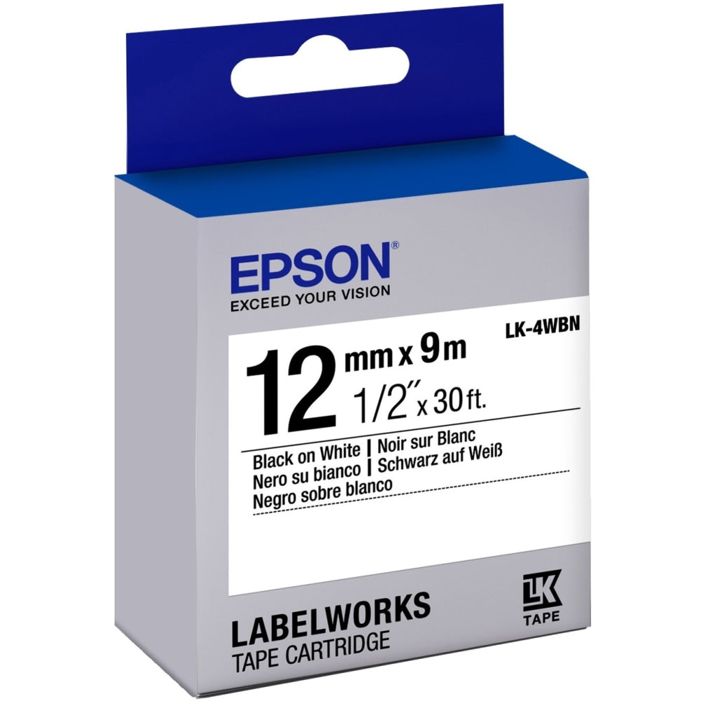 Epson LabelWorks Standard LK-4WBN Tape Cartridge, 1/2in x 30ft, Black/White