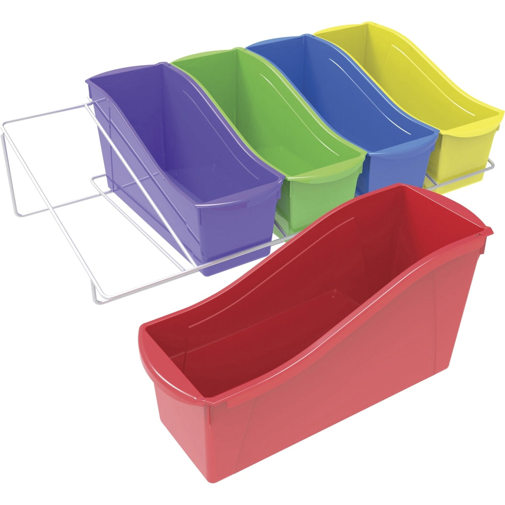 Storex Book Bins 5 Compartment Shelf Rack, Medium Size, 7 1/4in x 14 3/10in x 25 11/16in, Assorted Color Bins/White Metal Rack
