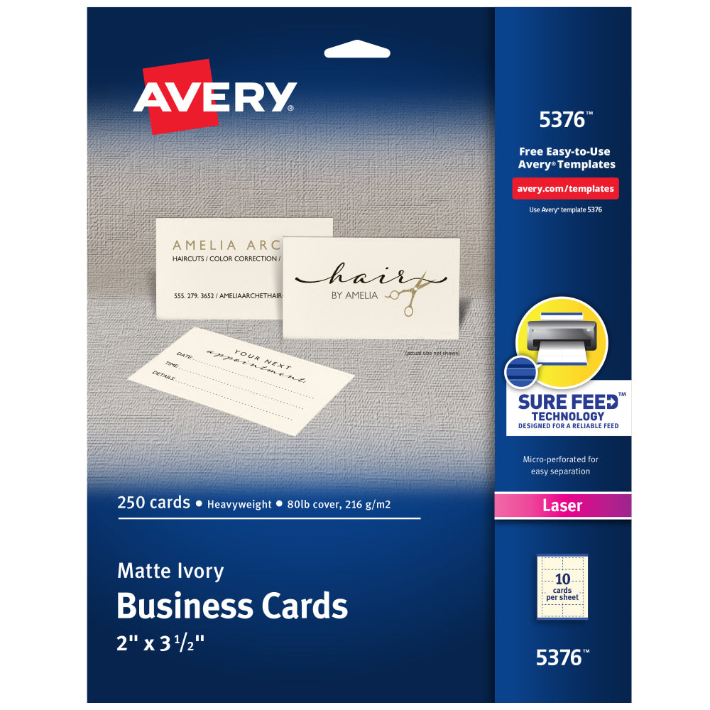 Avery Printable Business Cards With Sure Feed Technology For Laser Printers, 2in x 3.5in, Ivory, 250 Blank Cards