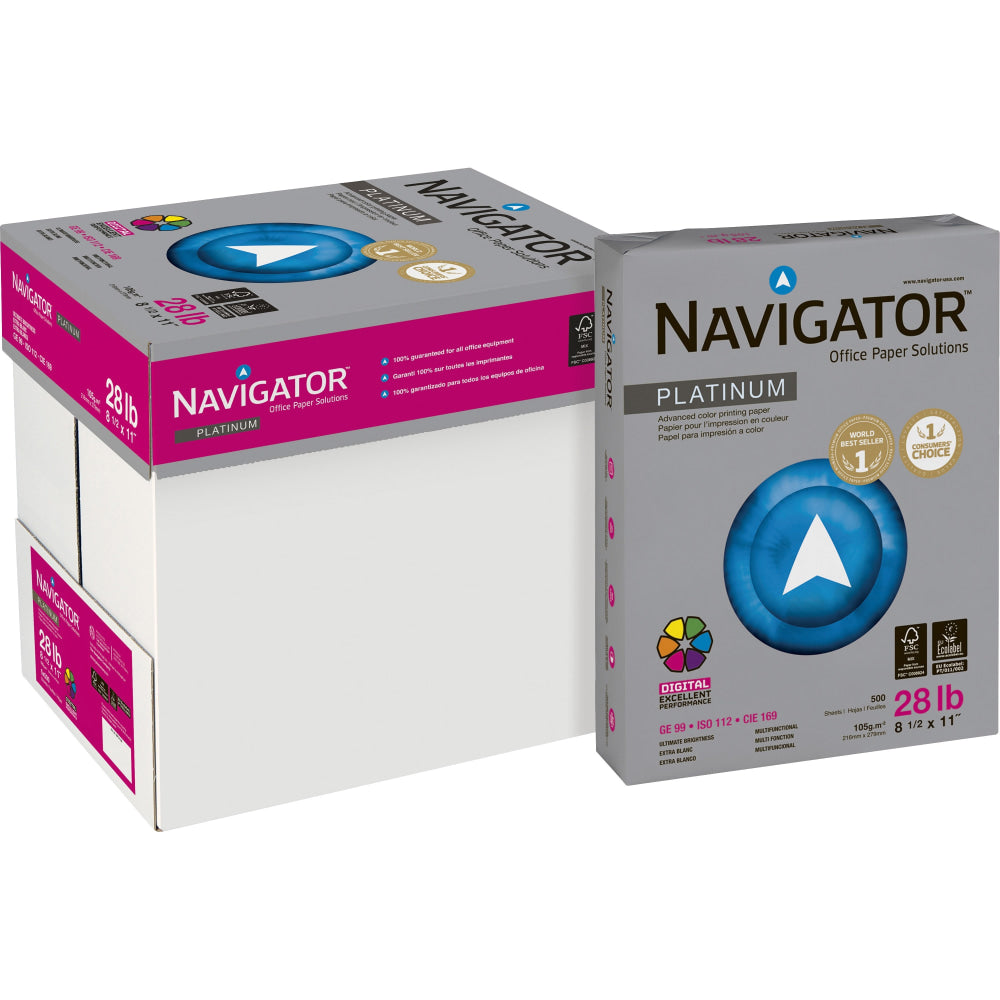 Navigator Platinum Office Multi-Use Paper, Letter Size (8 1/2in x 11in), 28 Lb, Smooth, Bright White, Carton Of 2,500 Sheets