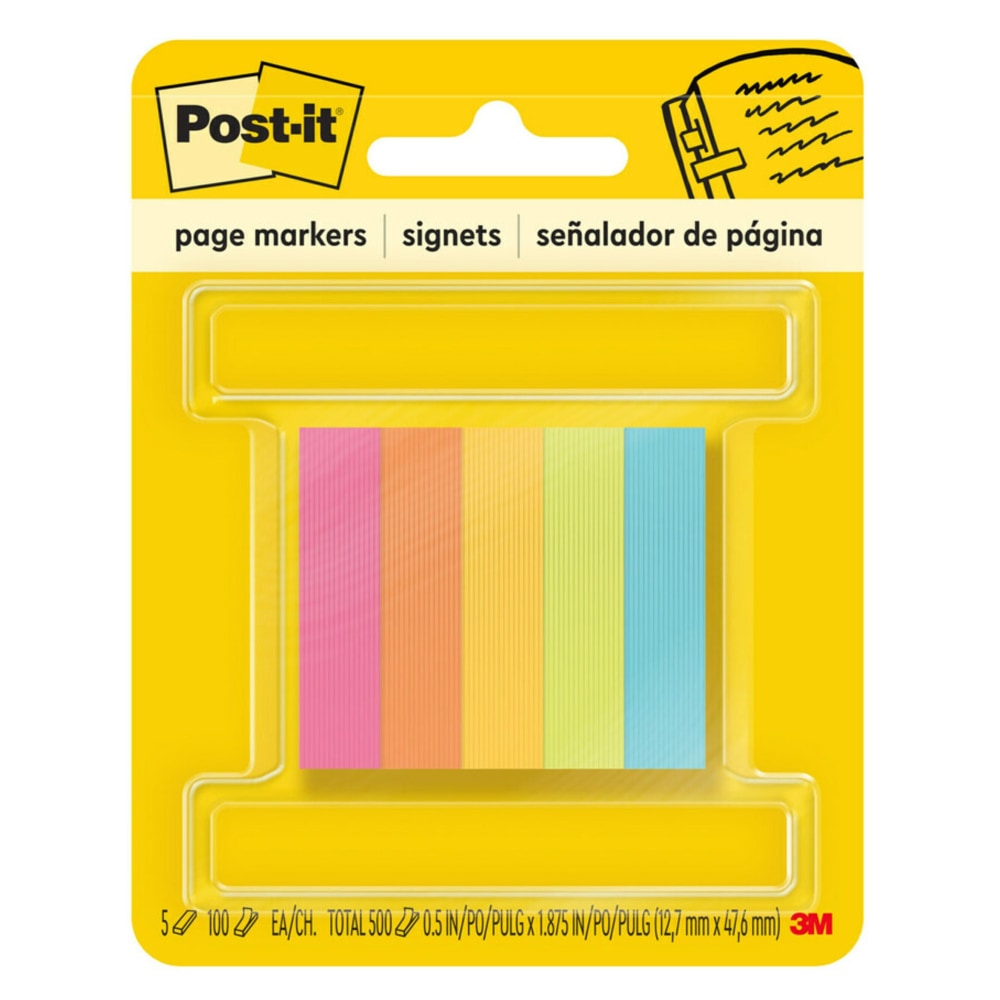 Post-it Notes Page Markers, 1/2in x 2in, Electric Glow Colors, 100 Per Pad, Pack Of 5 Pads