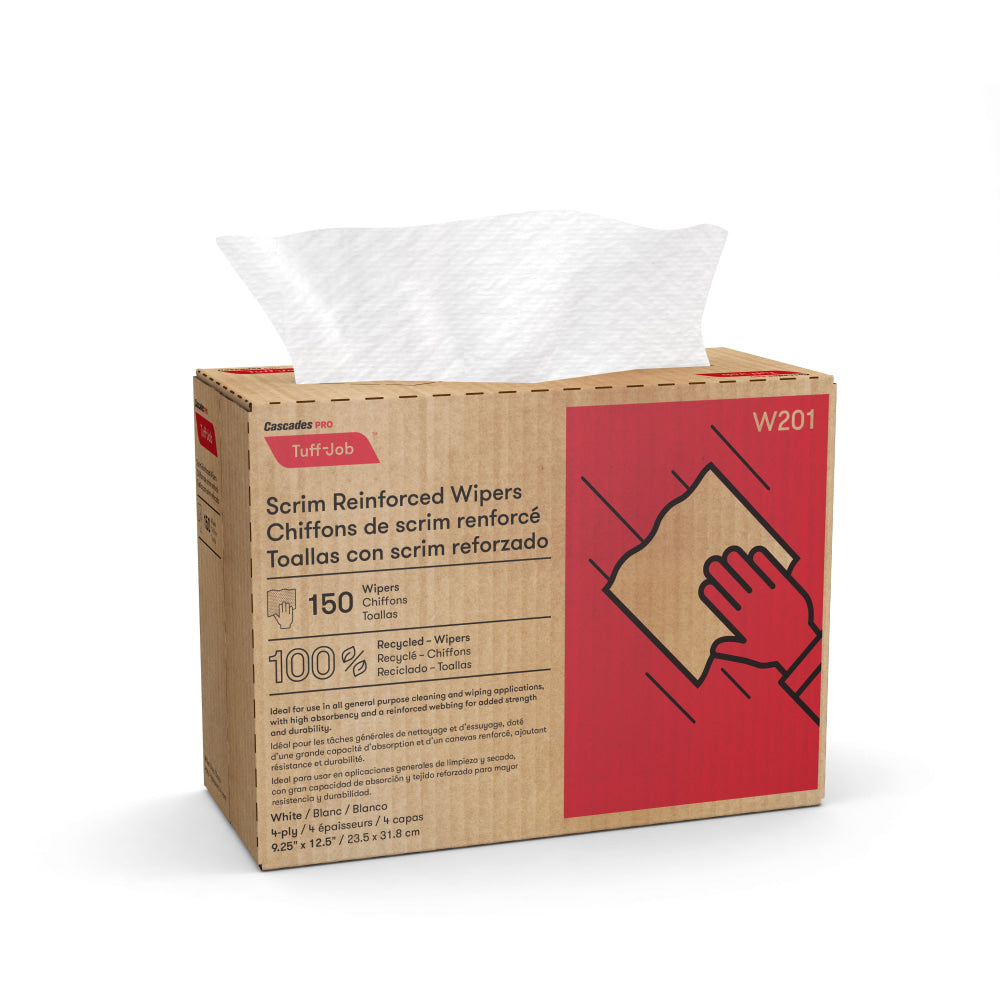 Cascades PRO Tuff-Job Scrim Reinforced Wipers, 9 1/4in x 12 1/2in, White, Pack Of 150