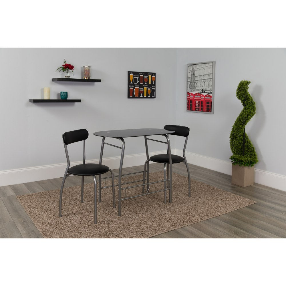 Flash Furniture Space-Saver Glass Top Bistro Set With 2 Chairs, 29-1/2inH x 19-3/4inW x 35-1/2inD, Black