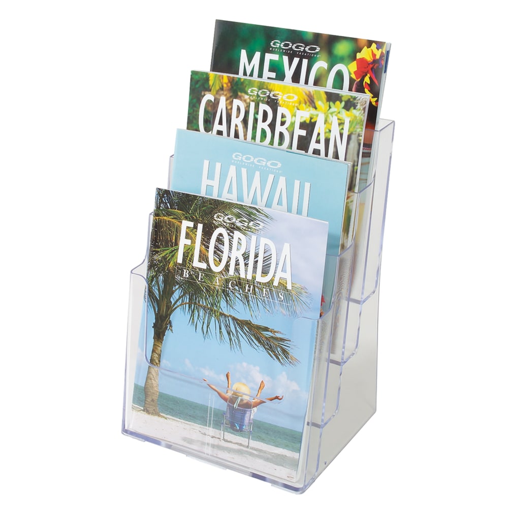 Deflecto Literature DocuHolder, 4 Magazine Compartments, 13 5/8inH x 9 3/8inW x 7inD, Clear