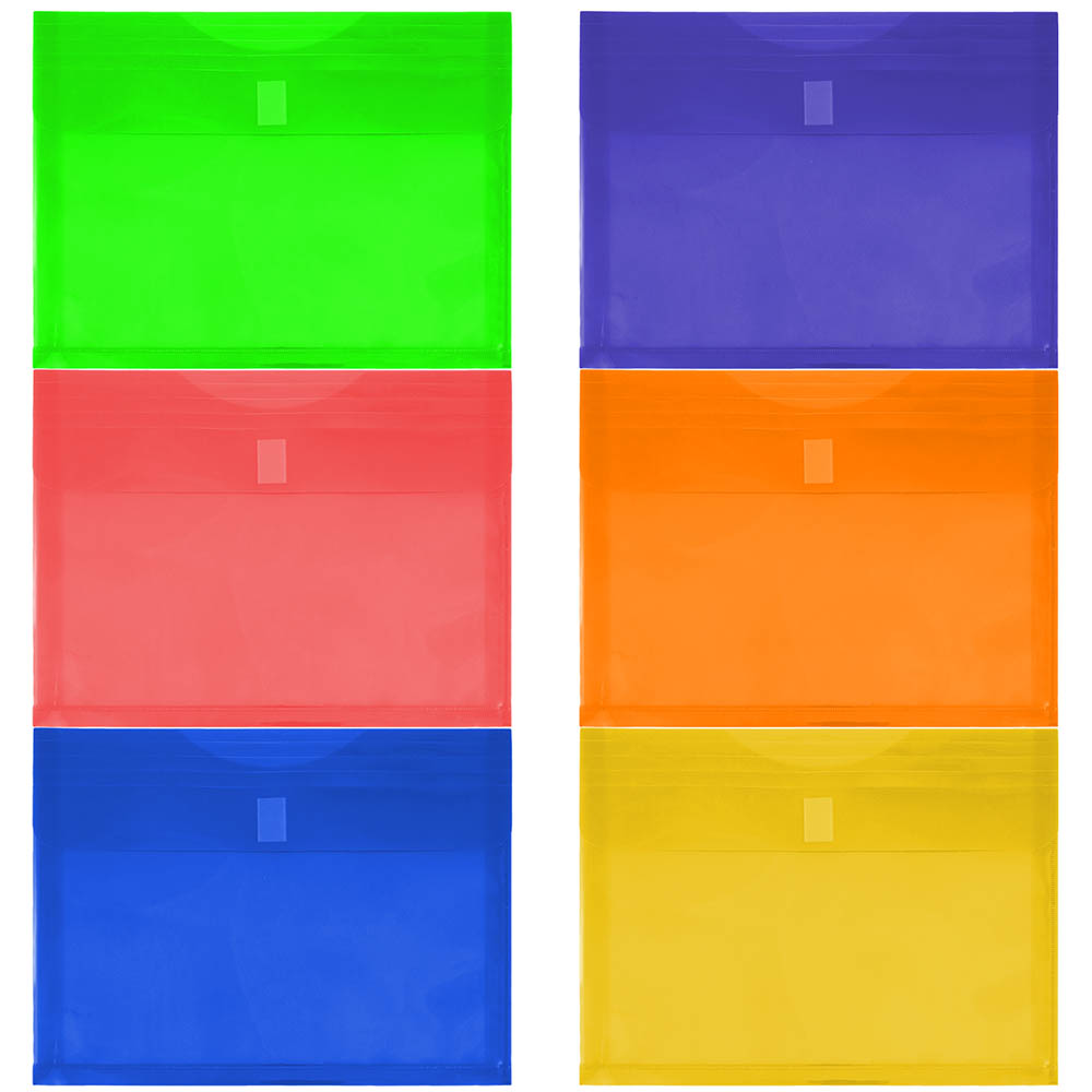 JAM Paper Plastic Envelopes, 9-3/4in x 13in, Hook & Loop Closure, Assorted Colors, Pack Of 6 Envelopes