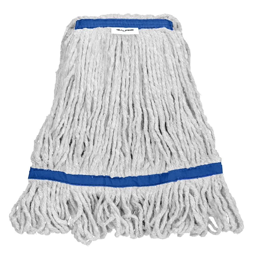 Alpine Industries Cotton Loop-End Mop Heads With 1in Head And Tail Bands, 32 Oz, White/Blue, Set Of 12 Heads