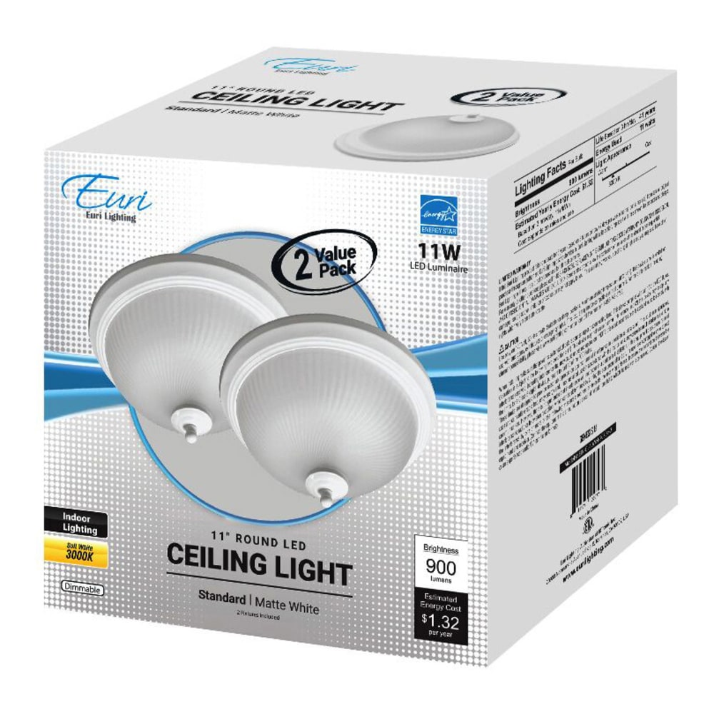Euri Indoor Round LED Ceiling Light Fixtures, 11in, Dimmable, 3000K, 11 Watts, 900 Lumens, White/Etched Glass, Pack Of 2 Fixtures
