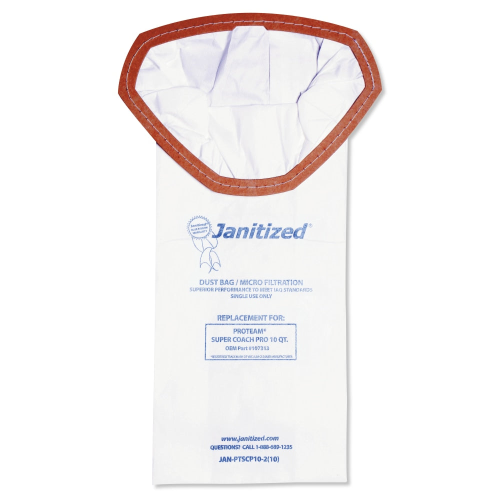 Janitized ProTeam Super Coach Pro 10 Vacuum Filter Bags, 10 Qt, White, Pack Of 100 Bags