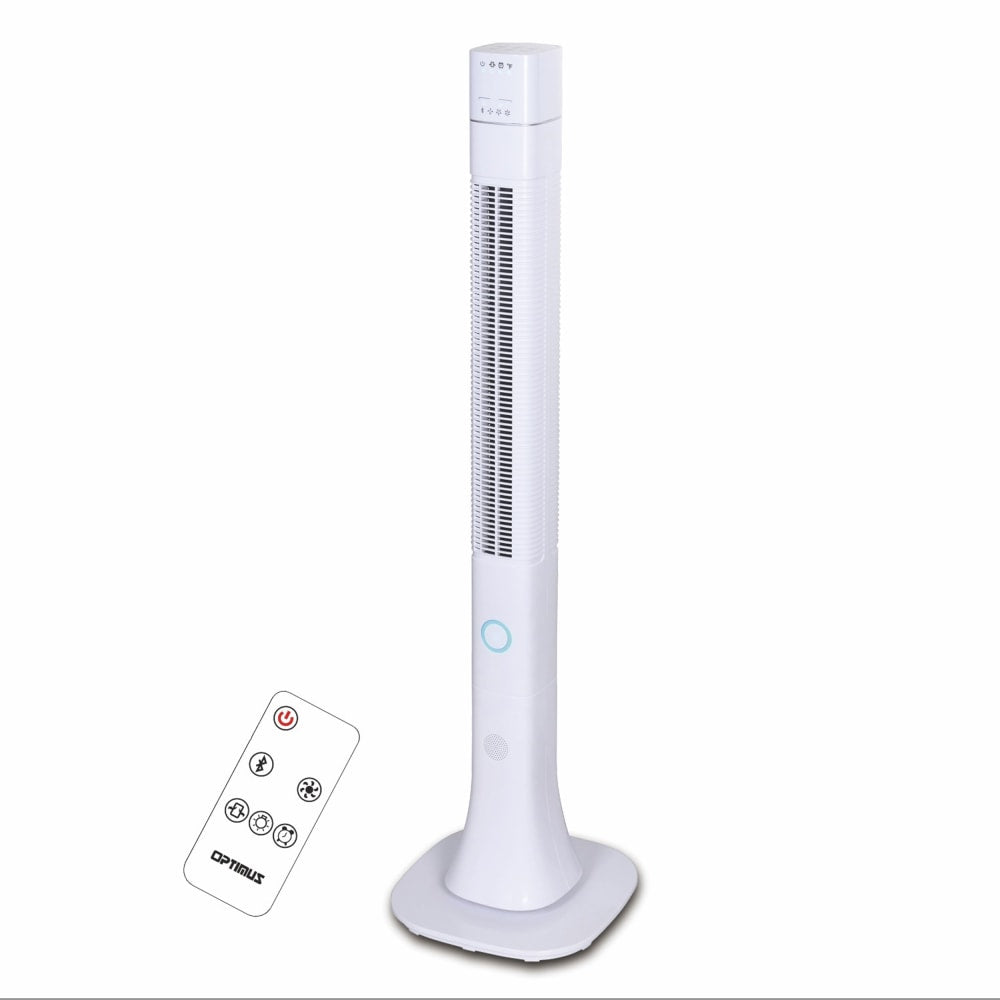 Optimus Pedestal Tower Fan With Remote And Speaker, 48in x 9in, White