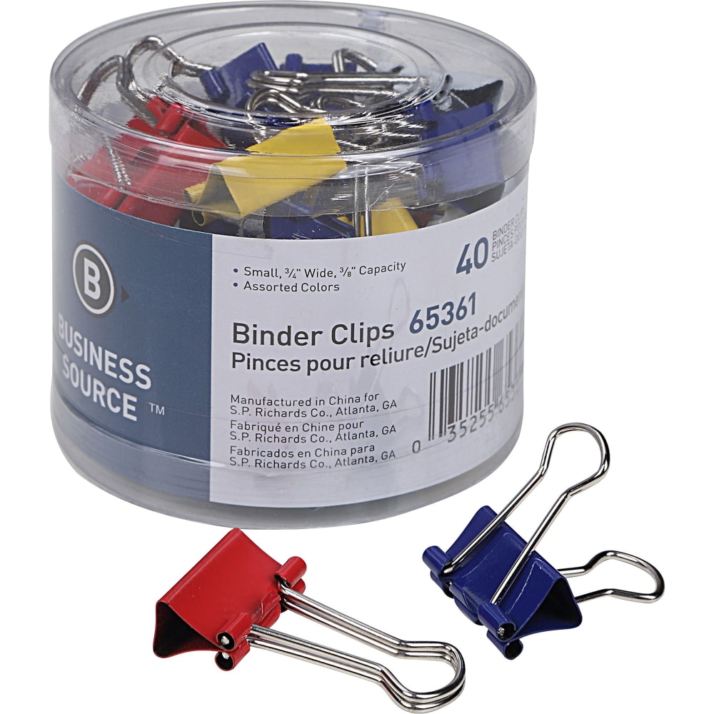 Business Source Colored Fold-back Binder Clips - Small - 0.8in Width - 0.37in Size Capacity - 40 / Pack - Assorted - Steel