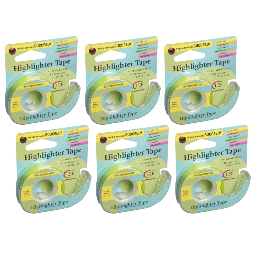 Lee Products Removable Highlighter Tape, 0.5in x 720in, Yellow, Pack Of 6