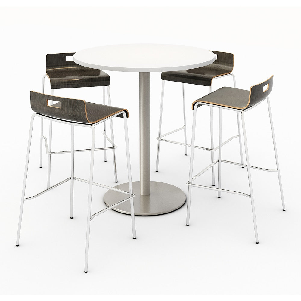 KFI Studios Round Bistro Pedestal Table With 4 Stacking Bar Stools, Designer White/Espresso