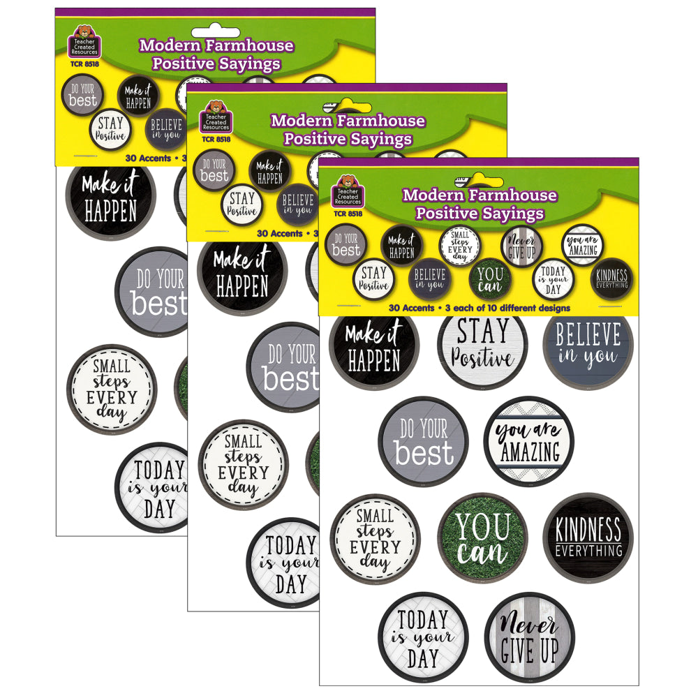 Teacher Created Resources Accents, Modern Farmhouse Positive Saying, 30 Pieces Per Pack, Set Of 3 Packs