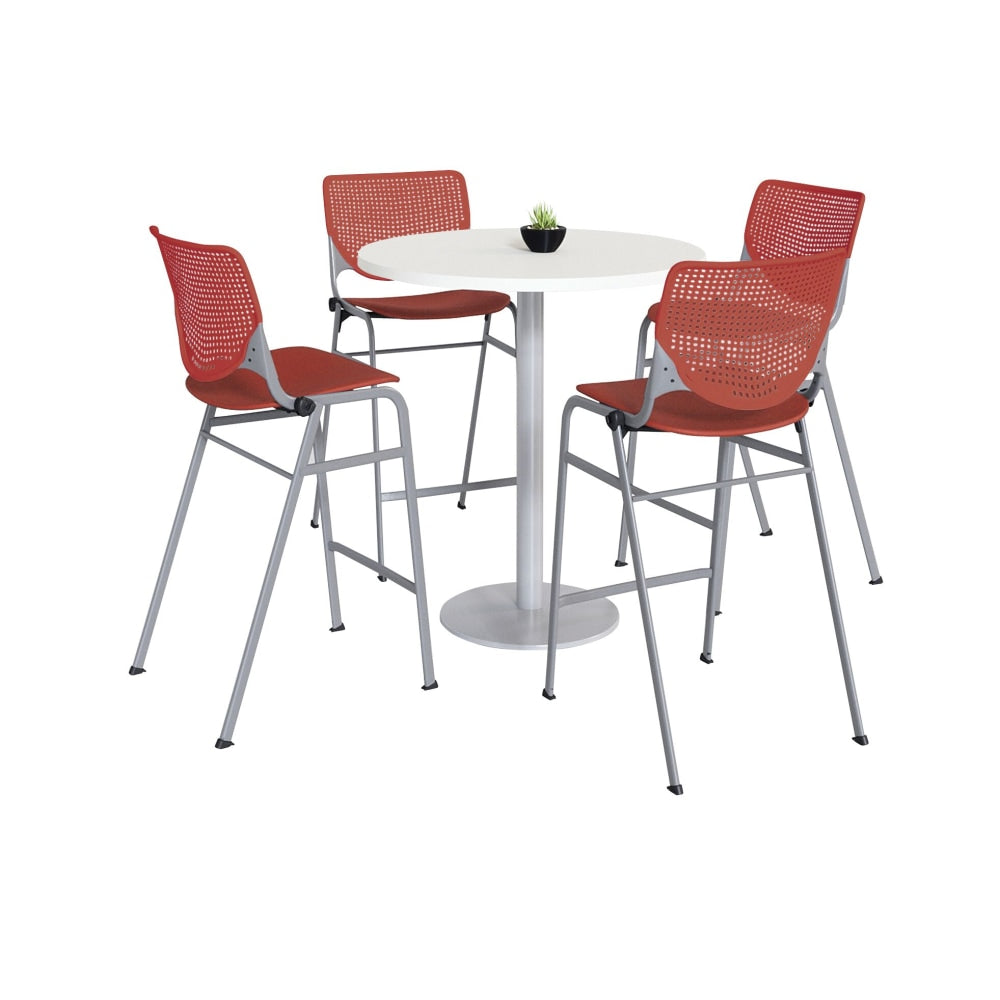 KFI Studios KOOL Round Pedestal Table With 4 Stacking Chairs, White/Coral Orange