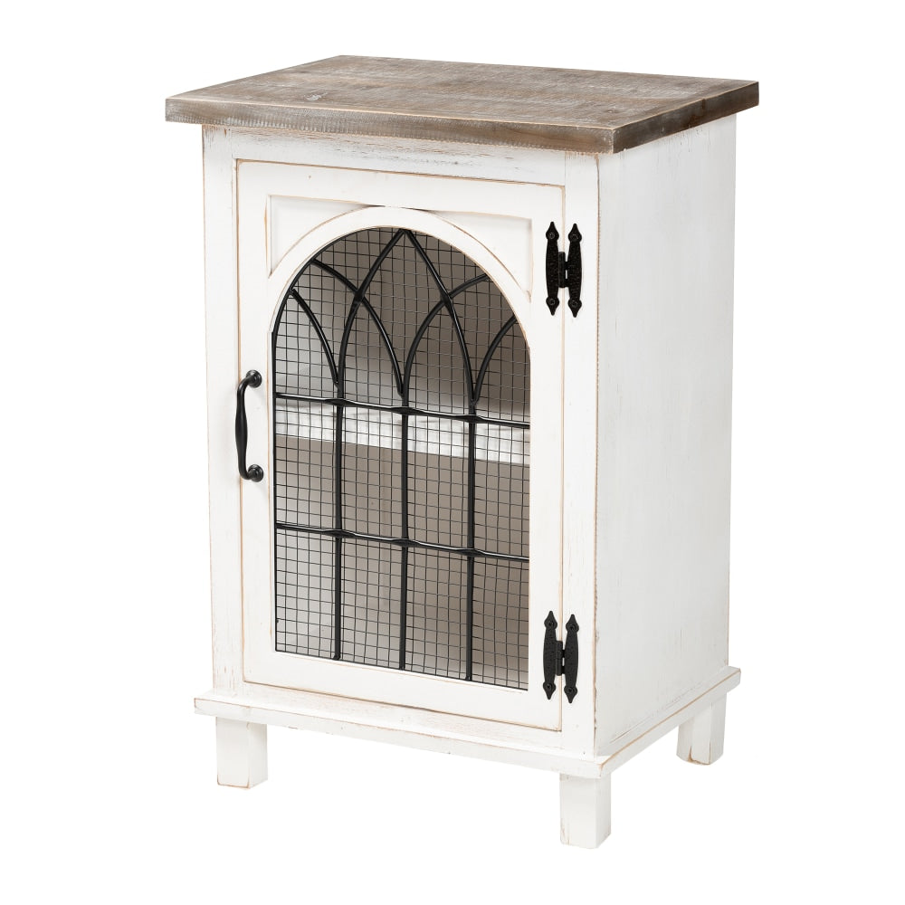 Baxton Studio Faron 1-Door End Table, 28inH x 18-15/16inW x 13-13/16inD, Distressed Brown/Oak White