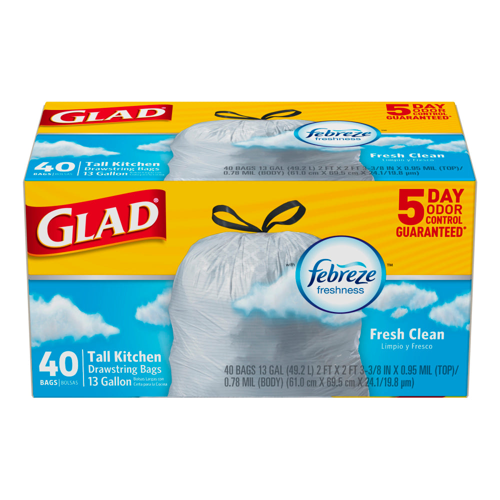 Glad OdorShield Tall Kitchen Trash Bags, 13 Gallons, Yellow, Box Of 40