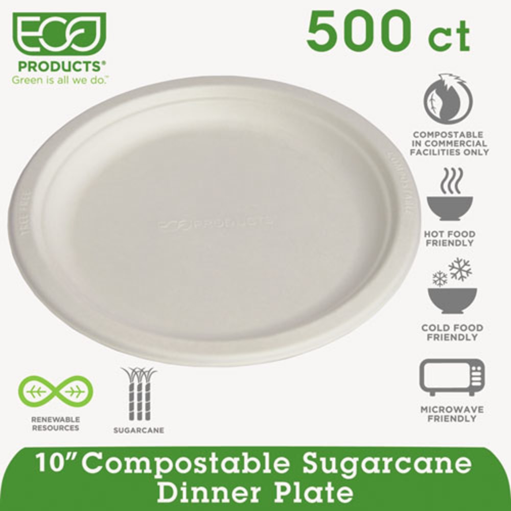 Eco-Products Sugarcane Plates - 10in Diameter Plate - Sugarcane Fiber Plate - Microwave Safe - 500 Piece(s) / Carton