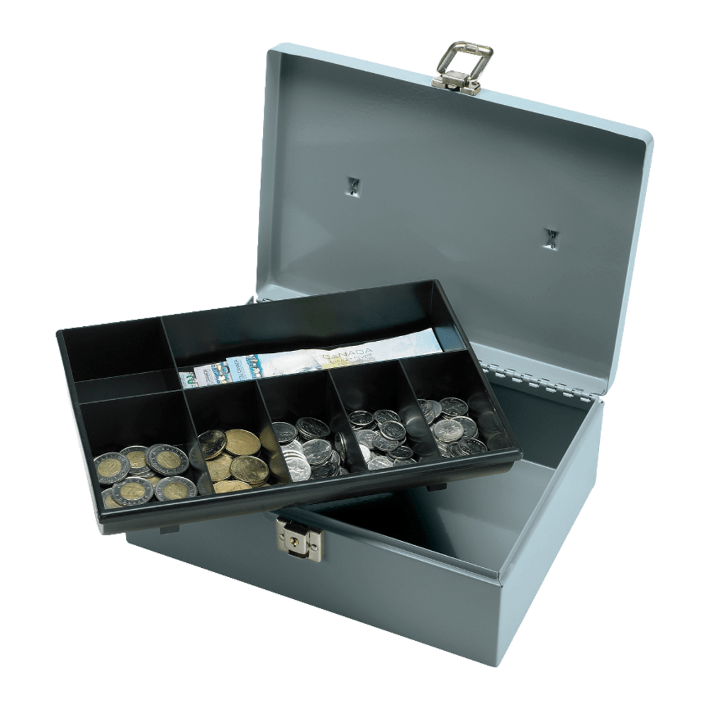 Sparco All-Steel Latch Lock Cash Box With Tray, 7 Compartments, 4in x 11in x 7 3/4in, Gray