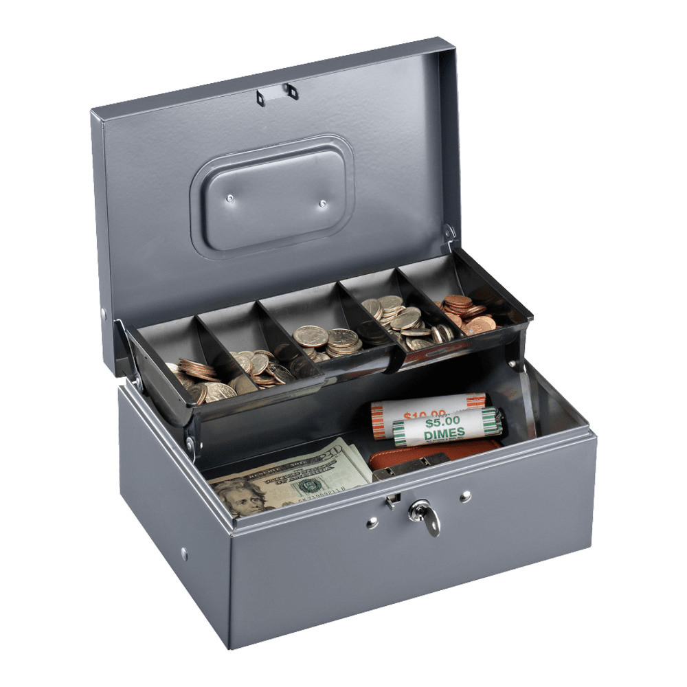 Sparco Key Lock Controller Cash Box With Tray, 5 Compartments, 3 7/16in x 11 7/16in x 7 1/2in, Gray