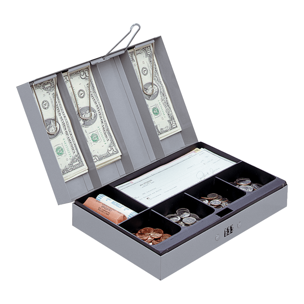 Sparco Steel Combination Lock Cash Box With Tray, 3 1/4in x 11 1/2in x 7 3/4in, Gray
