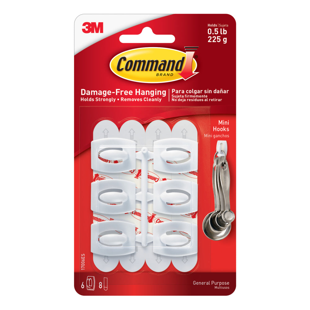 Command Mini Wall Hooks, 6 Command Hooks, 8 Command Strips, Damage Free Hanging of Dorm Room Decorations, White