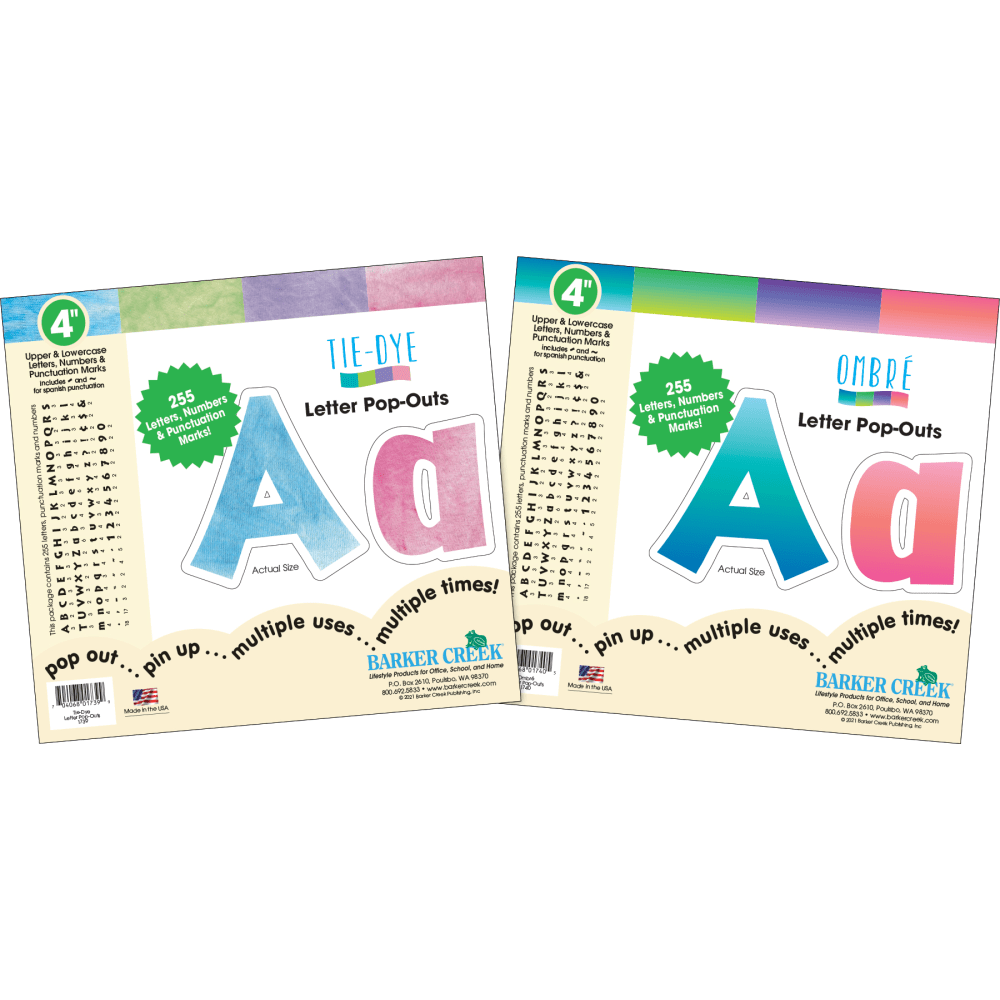 Barker Creek Letter Pop-Outs, 4in, Tie-Dye & Ombre, Set of 510 Pop-Outs