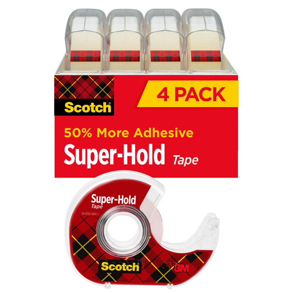 Scotch Super-Hold Tape, With Handheld Dispenser, 3/4in x 650in, Clear, Pack Of 4 Rolls
