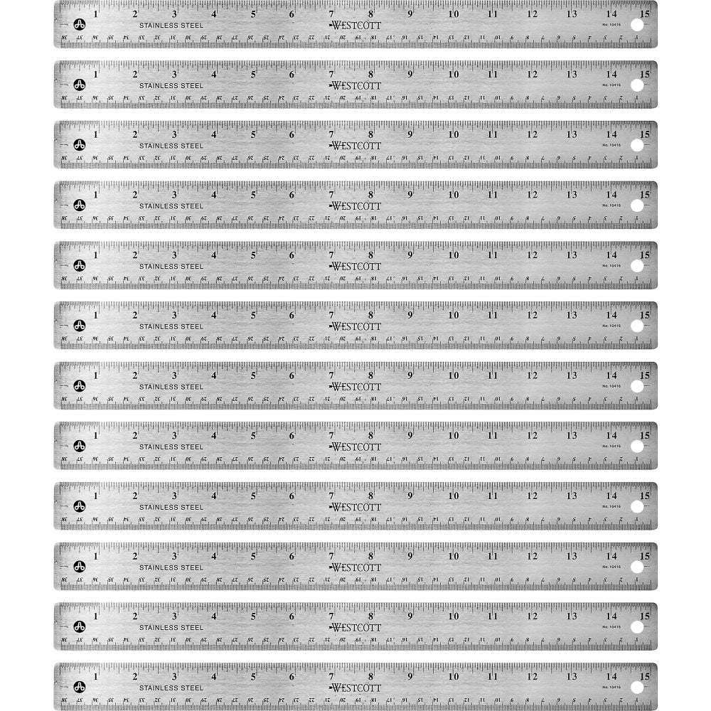 Westcott Stainless Steel Rulers, 15in L x 1in W, Stainless Steel, Pack Of 12