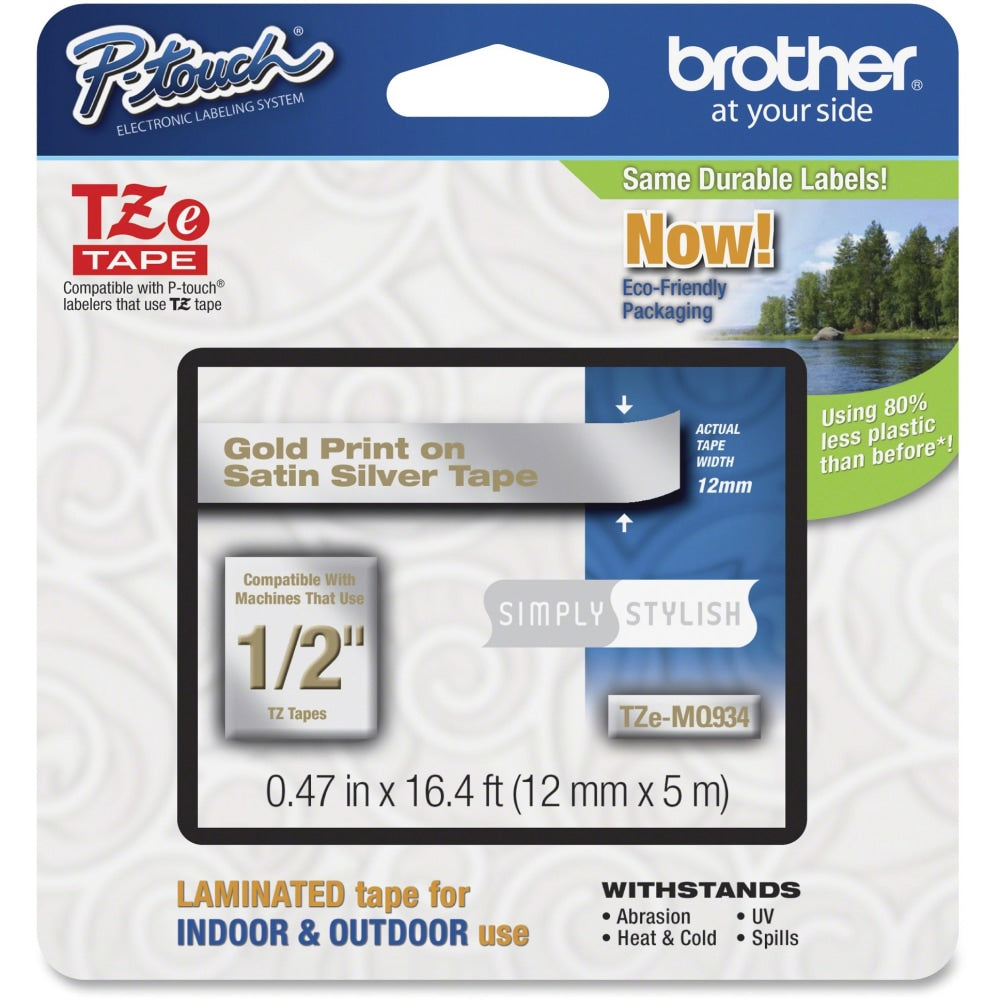 Brother PTouch 1/2in Laminated TZe Tape - Permanent Adhesive - 15/32in Width x 16 13/32 ft Length - Thermal Transfer - Gold, Satin Silver - Plastic - 1 Each