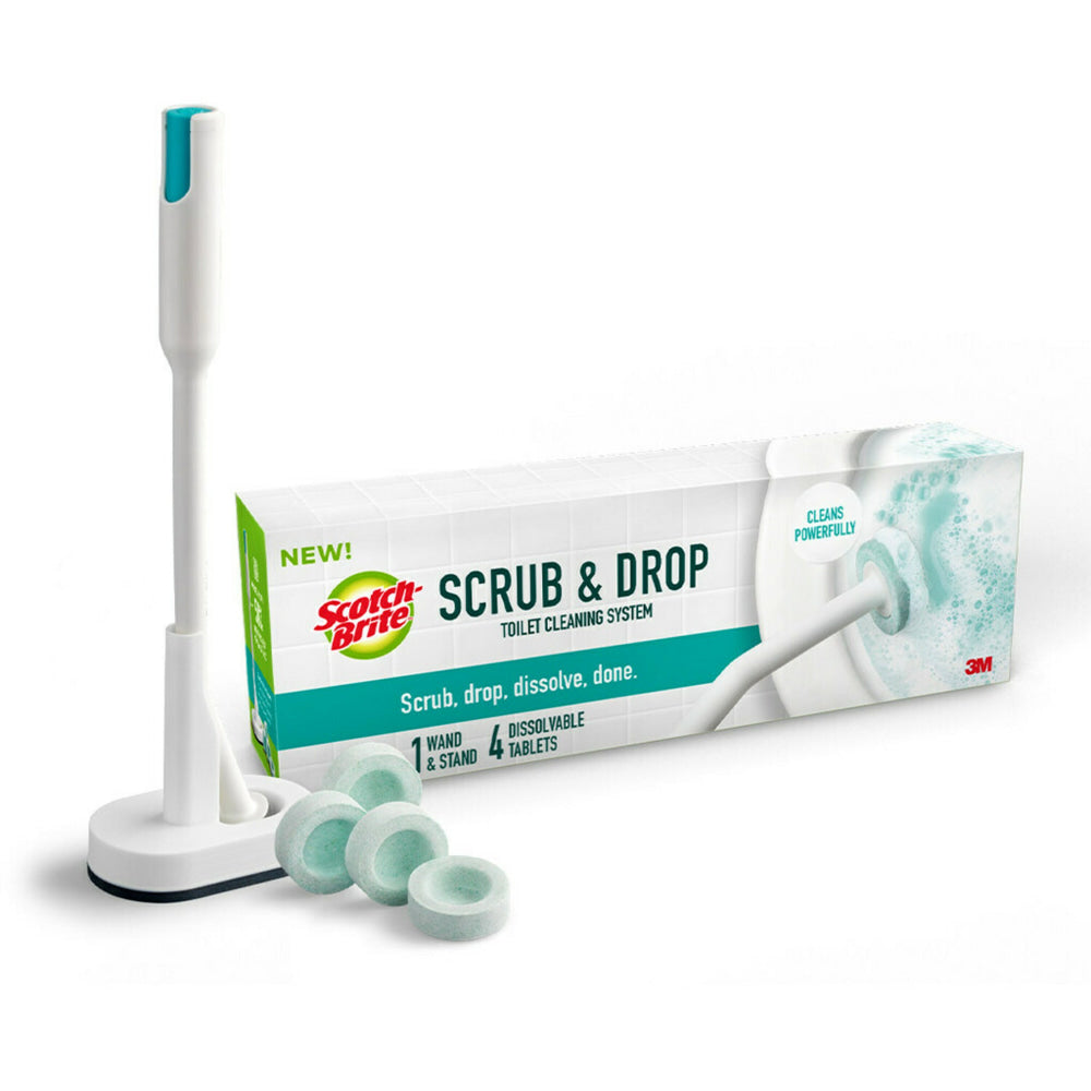 Scotch-Brite Scrub & Drop Toilet Bowl Cleaner System, 50% Recycled, 1 Toilet Wand, 1 Stand, and 4 Disposable Toilet Cleaner Tablets