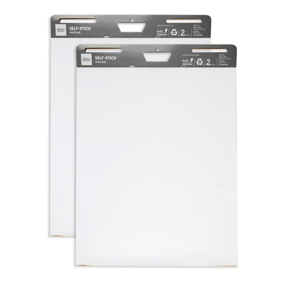 Office Depot Brand Self-Stick Easel Pads, 25in x 30in, 40 Sheets, 80% Recycled, White, Pack Of 2 Pads