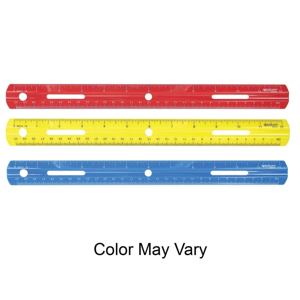 Westcott 12in Plastic Ruler - 12in Length - 1/16 Graduations - Imperial, Metric Measuring System - Plastic - 1 Each - Assorted