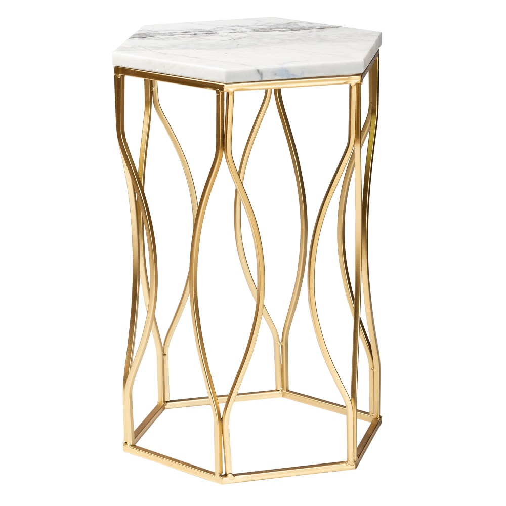 Baxton Studio Kalena End Table With Marble Tabletop, 20-15/16inH x 14-1/4inW x 12-7/16inD, Gold