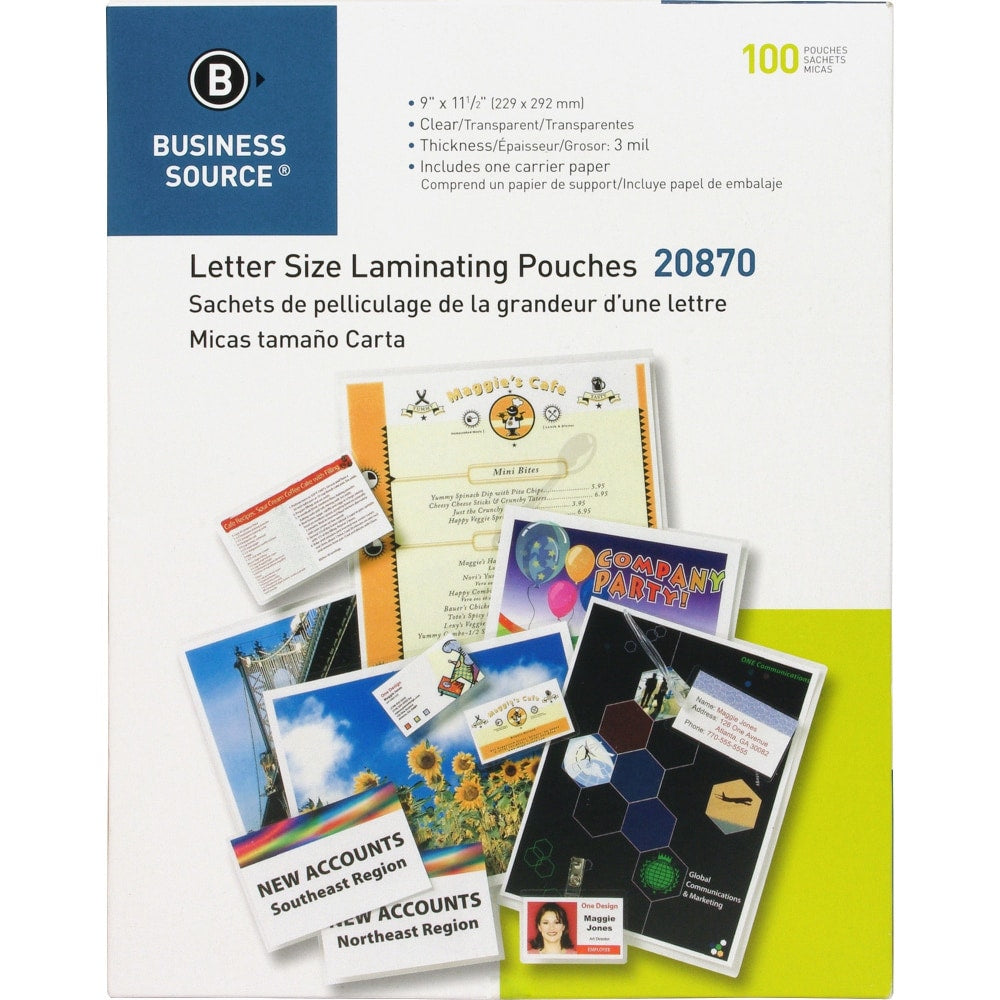 Business Source 3-mil Laminating Pouches, 9in x 11-1/2in, Clear, Box of 100