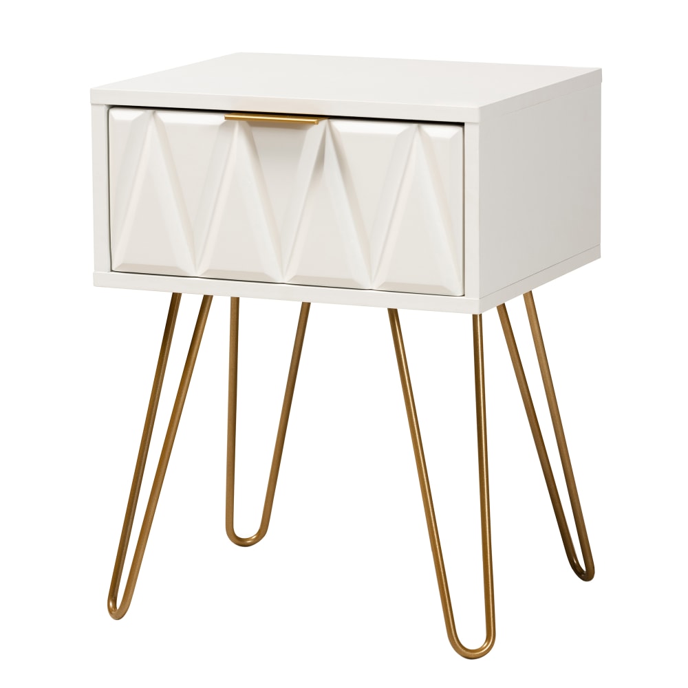 Baxton Studio Holbrook 1-Drawer End Table, 21-3/4inH x 16-1/2inW x 13-7/16inD, White/Gold