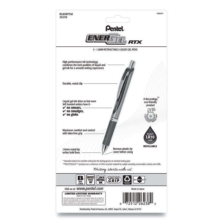 Energel Rtx Gel Pen, Retractable, Bold 1 Mm, Assorted Ink And Barrel Colors, 5/pack