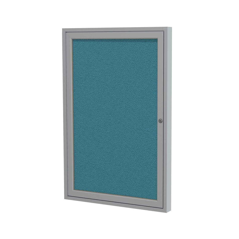 Ghent Traditional Enclosed 1-Door Fabric Bulletin Board, 36in x 24in, Teal, Satin Aluminum Frame